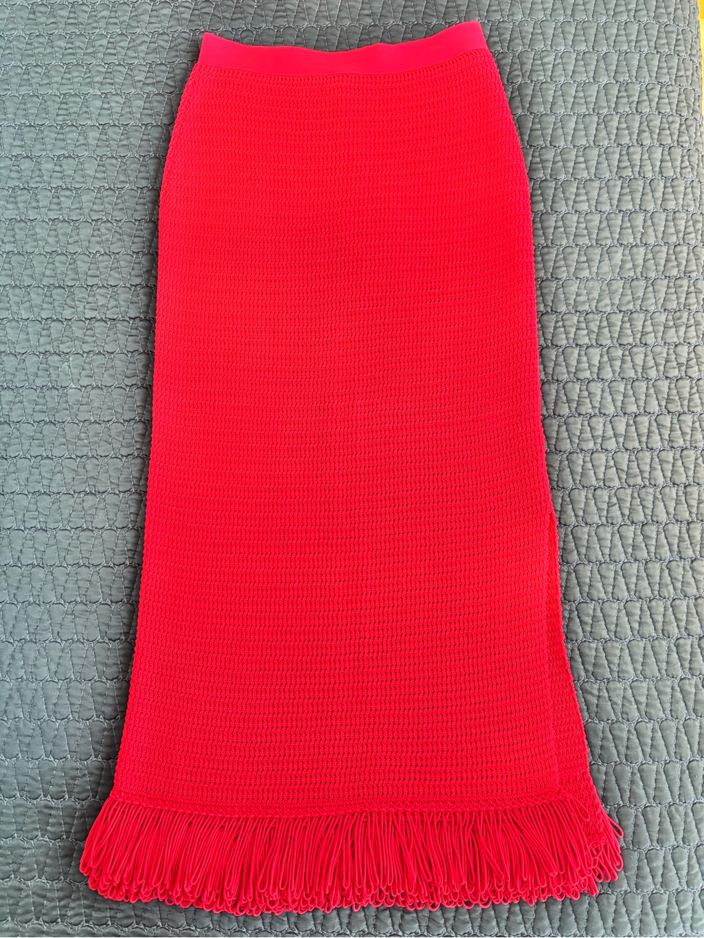 Bottega Veneta Vibrant Red Maxi Fringe Hem Knit Skirt